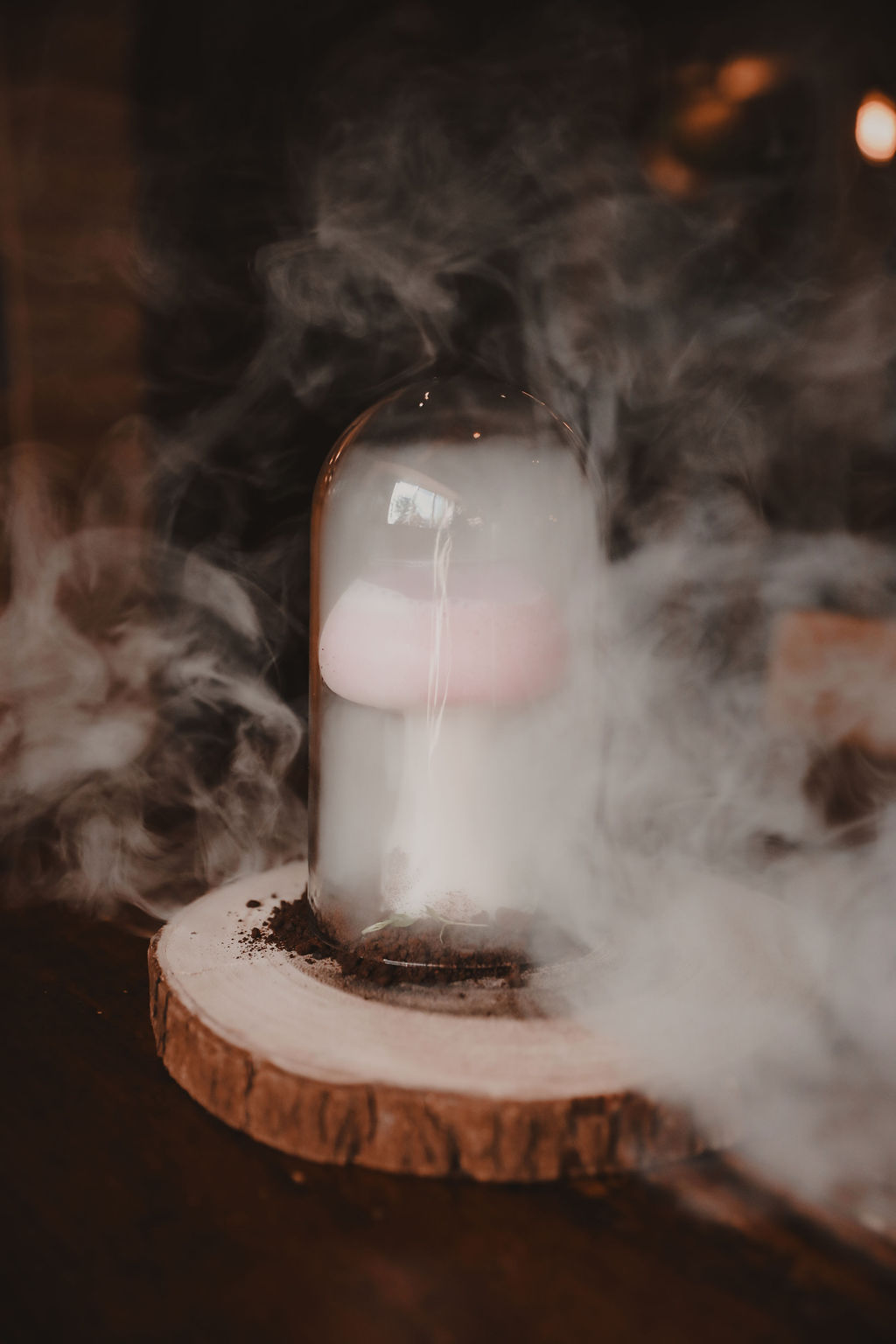 mushroom cocktail in a glass dome with smoke around it