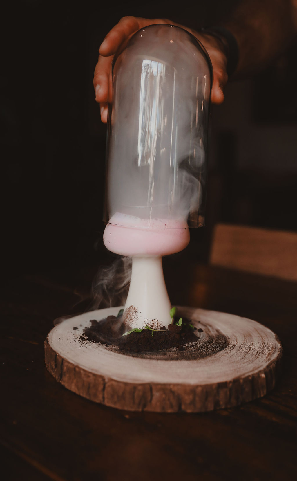 Dome glass being lifted from a mushroom glass on a wooden log